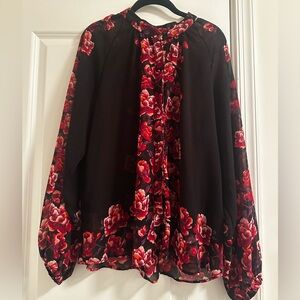 White House Black Market Red and Black Floral Blouse